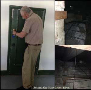 Preston Bradley Center - small green door that leads to crawl space above autotorium ceiling 