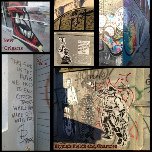 Warehouse covered in graffiti in New Orleans at Elysian Fields and Charrtres