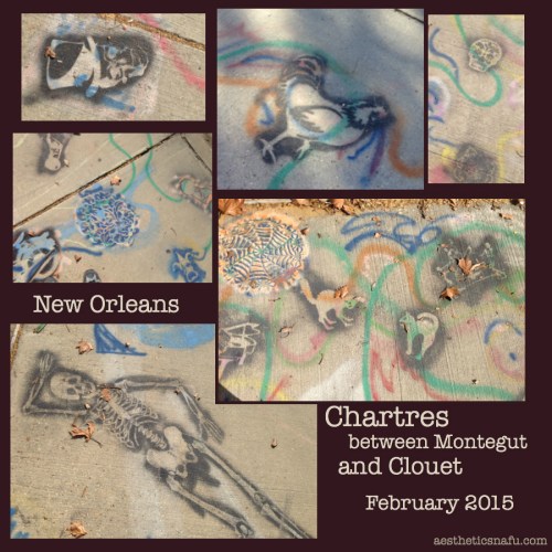 Spray-style sidewalk grafitti on Chartres between Montegut and Clouet.
