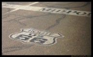 picture of Route 66 midpoint in Adrian Texas paint in the middle of the road